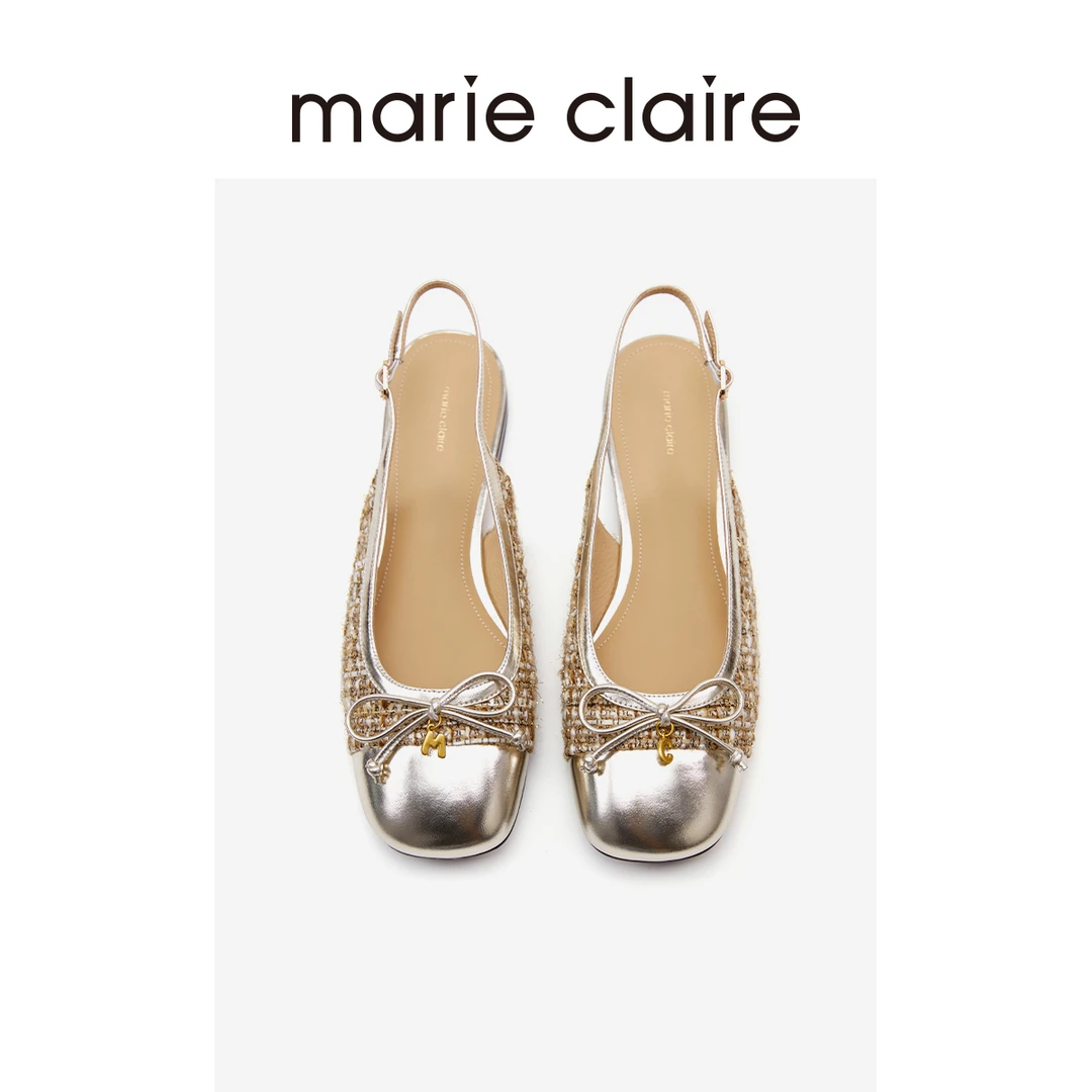 MC女鞋蝴蝶结后空单鞋高定编织花呢牛皮凉鞋marieclaire女鞋