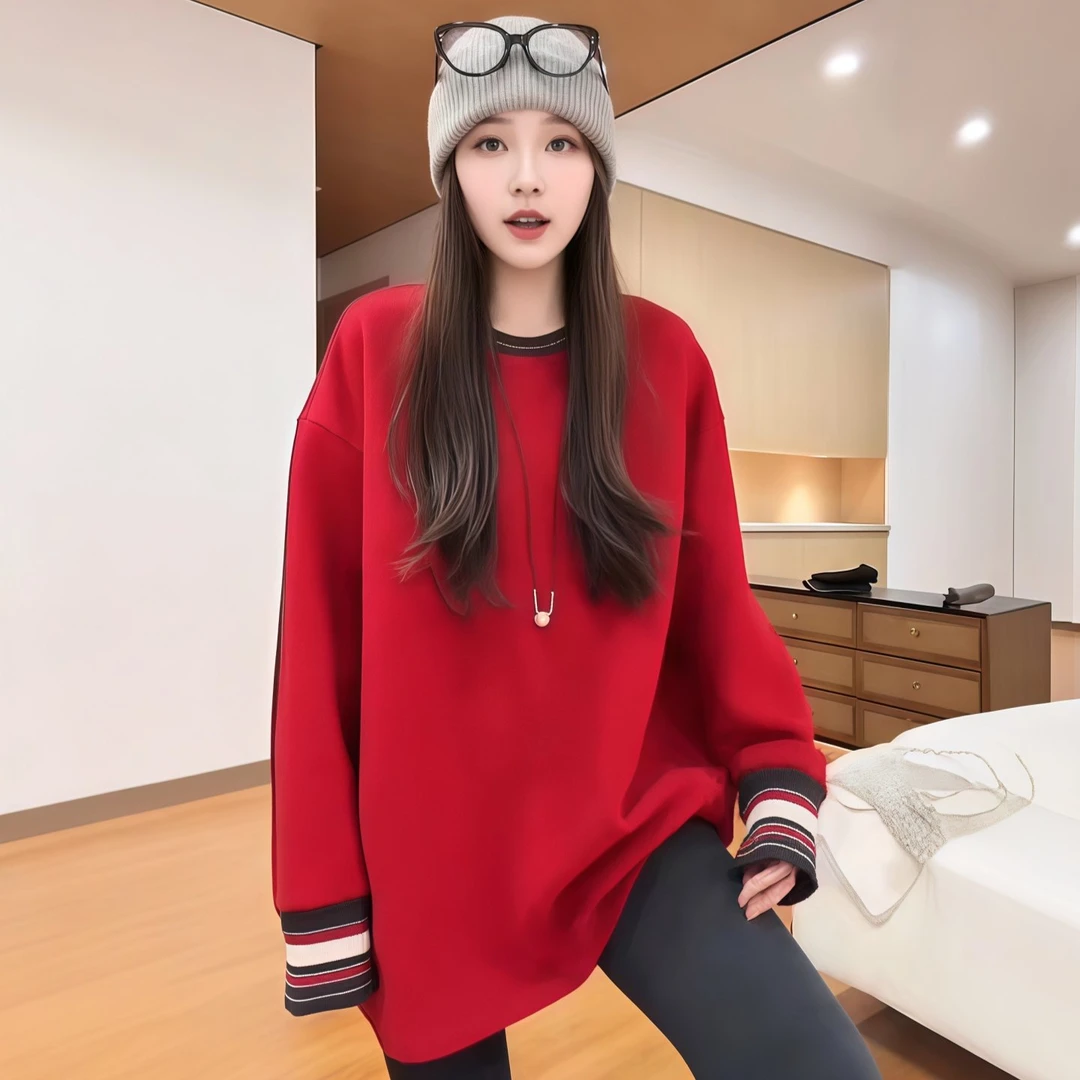 简约风撞色袖口拼接卫衣女2025冬季大码胖MM宽松中长款打底衫上衣