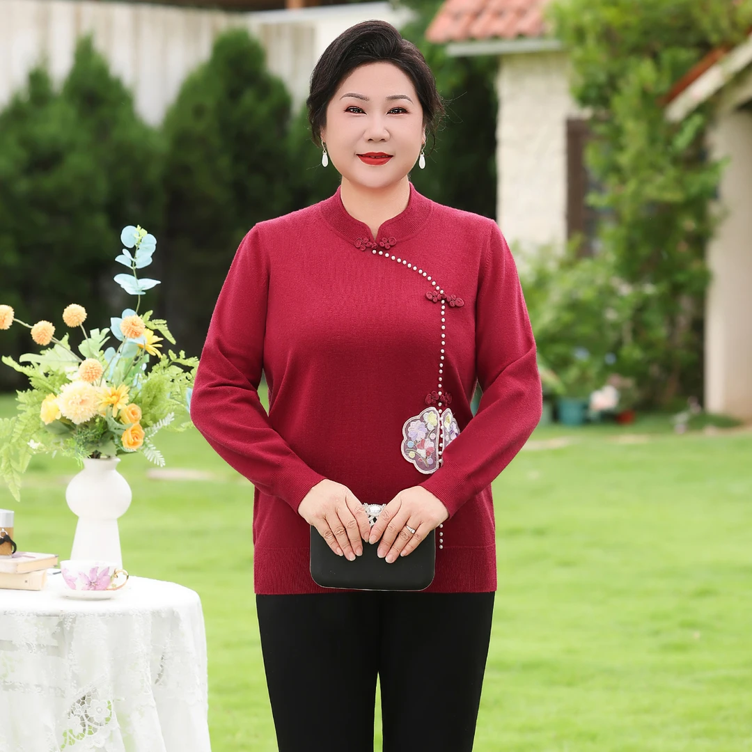 妈妈装秋季显瘦毛衣新款中式国风针织长袖中老年女装打底大码上衣