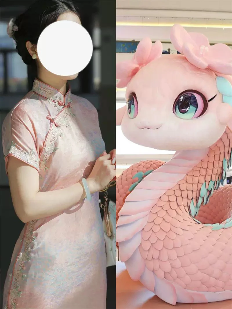 豆豆旗袍原创独家粉色渐变小粉蛇刺绣花边温柔全开平裁古法长旗袍