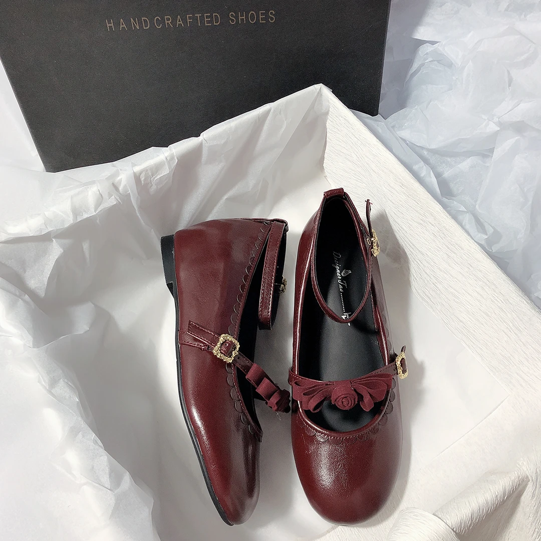 森屿海巷 新款圆头甜美玫瑰花单鞋气质优雅学院风内增高玛丽珍鞋