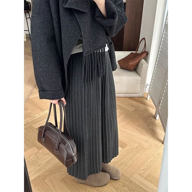 灰色针织百褶半身裙女2025秋冬韩系高腰显瘦百搭中长款a字伞裙子