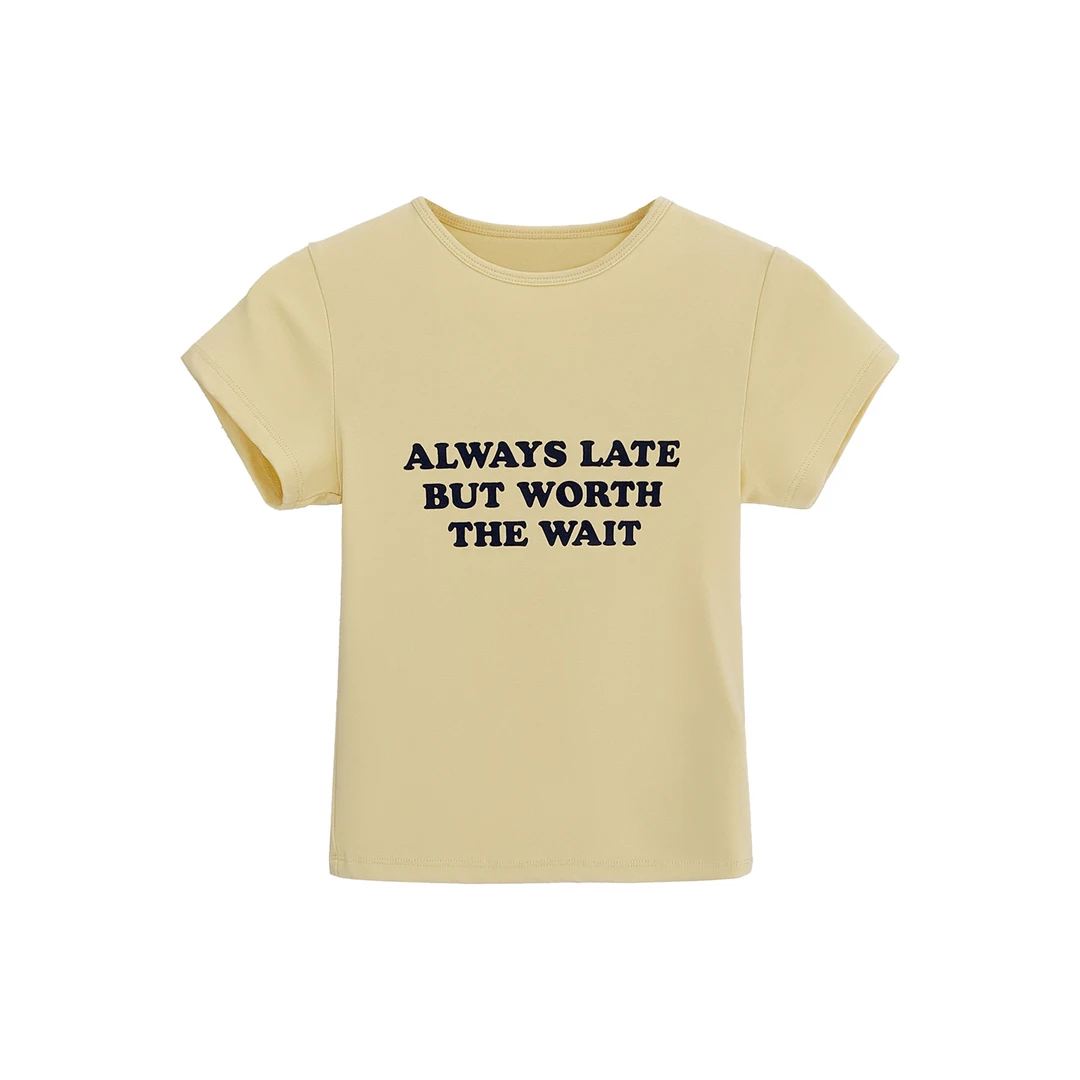 纯棉嫩黄色字母印花正肩短袖T恤女夏季修身收腰褶皱韩版圆领上衣