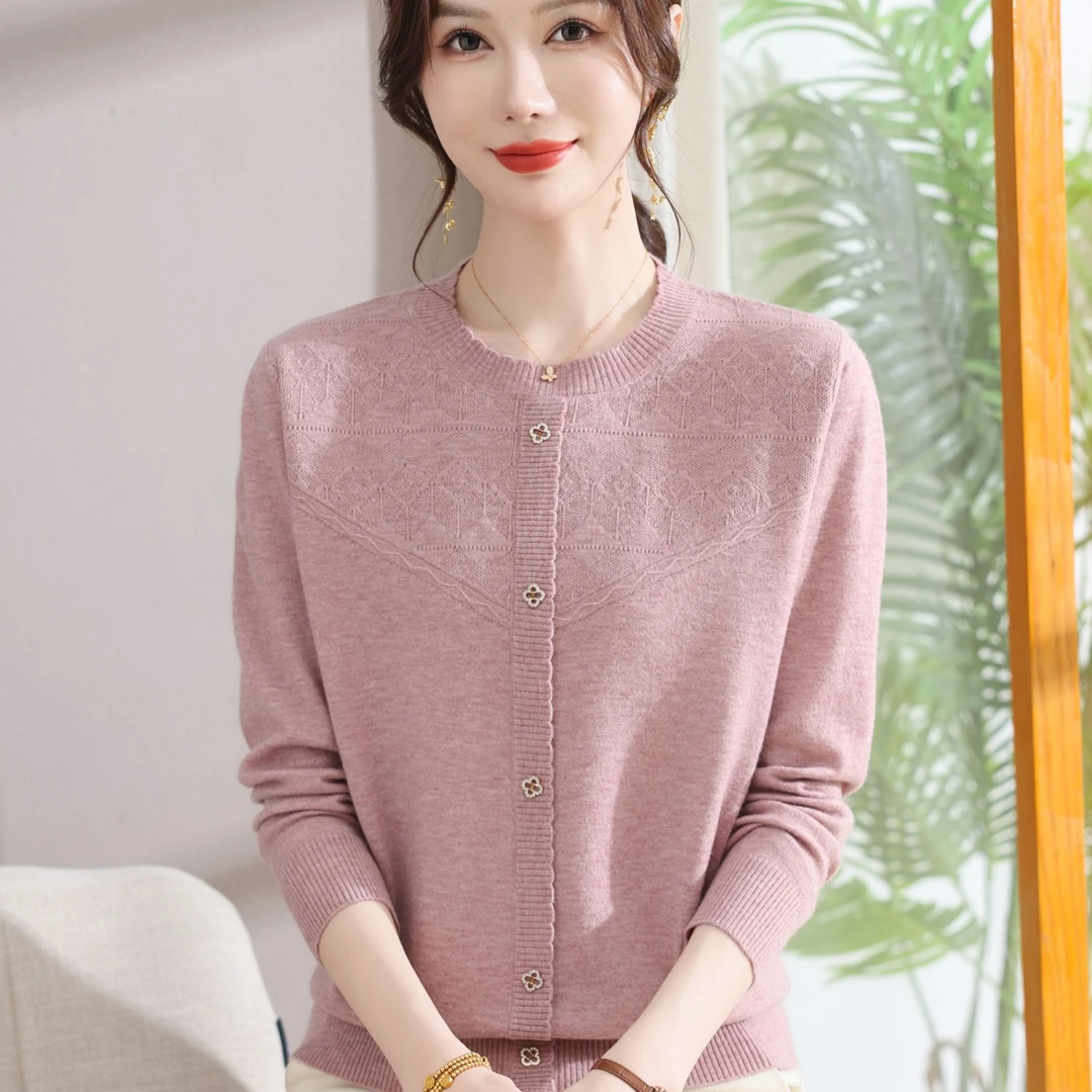 时尚妈妈秋款洋气圆领打底上衣中老年女秋装新款长袖减龄针织小衫
