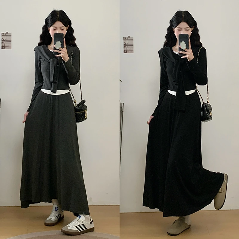 2025秋装新款胖mm大码女休闲撞色披肩长袖上衣半身裙套装36018