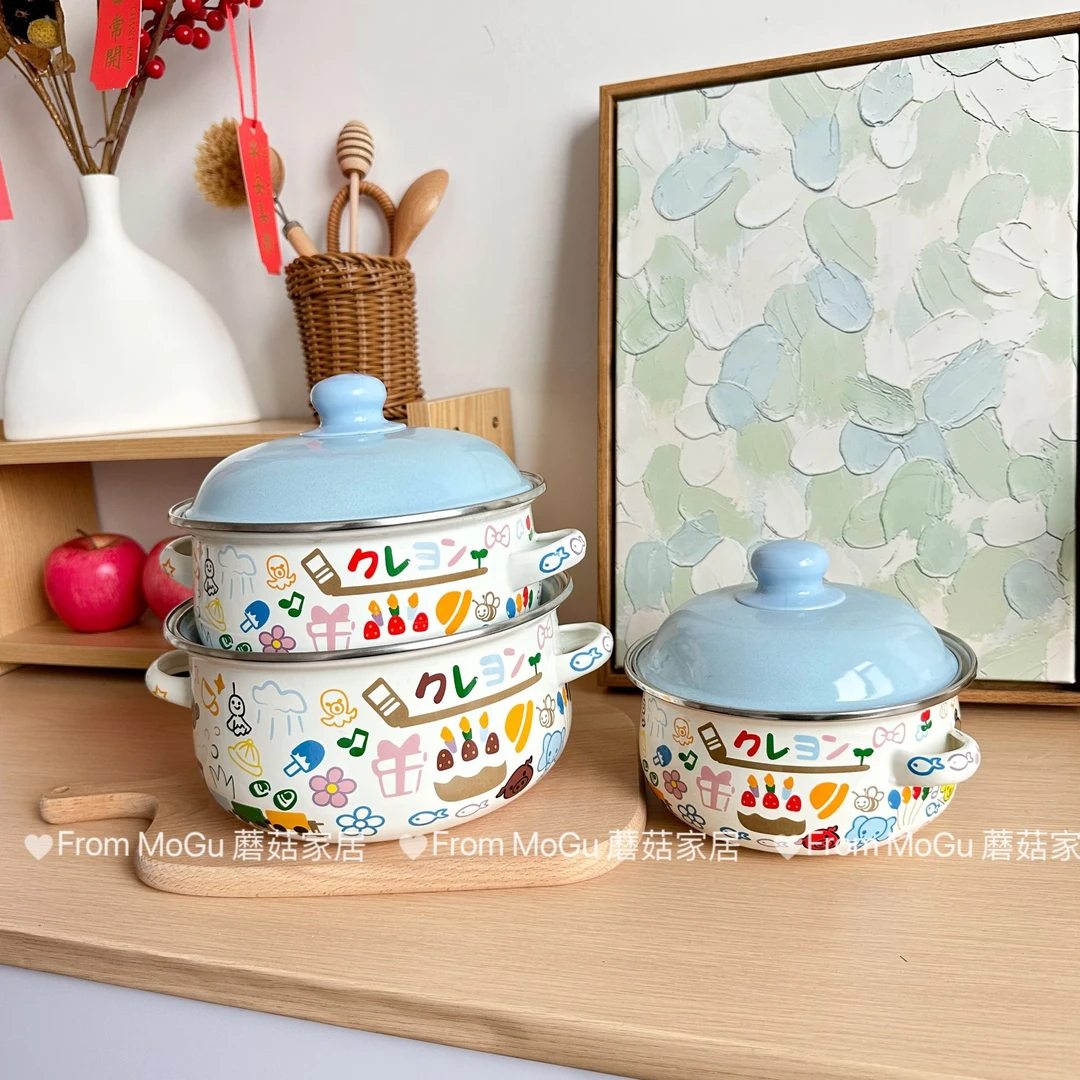 蘑菇家居卡通蓝盖搪瓷锅外贸加厚珐琅锅汤锅奶锅电磁炉燃气灶辅食