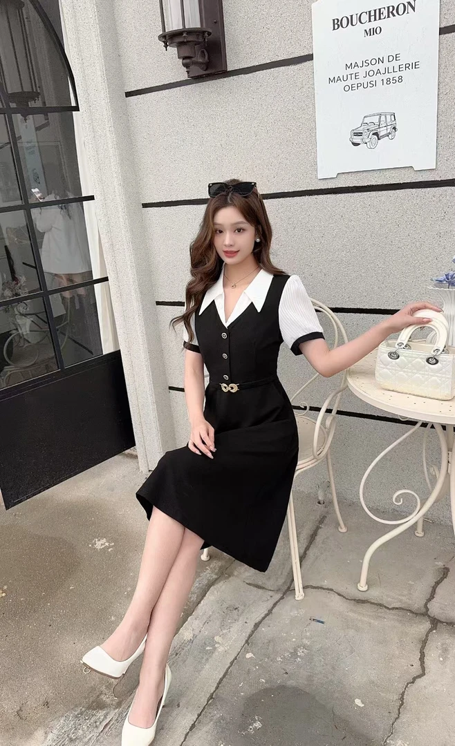 气质撞色法式收腰修身假两件夏季连衣裙小众设计
