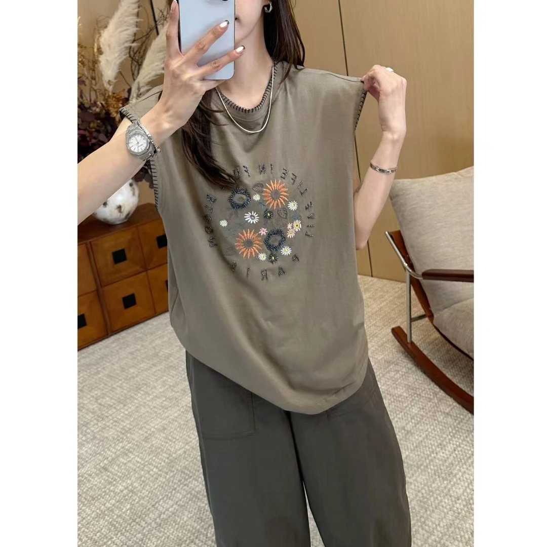 小静静一会【钉珠花朵上衣】2025夏款设计感刺绣短袖 2506C3425