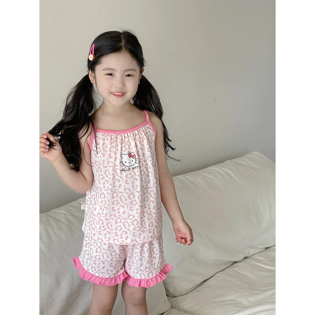 梵米蒂可爱舒适亲肤夏季公主女宝吊带无袖儿童碎花豹纹套装0284