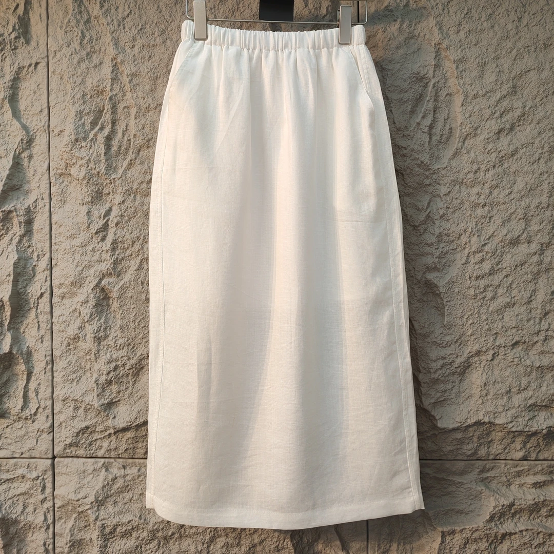 白色双口袋半身裙丝麻气质简约轻奢裙子