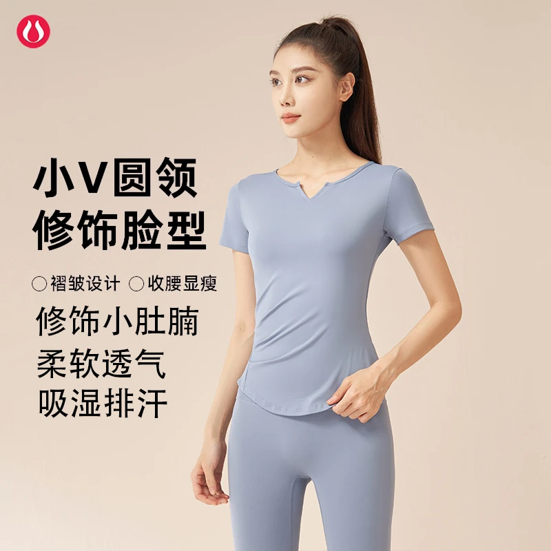 lulu露露女士运动短袖T恤V领瑜伽裸感速干健身跑步褶皱修身上衣服