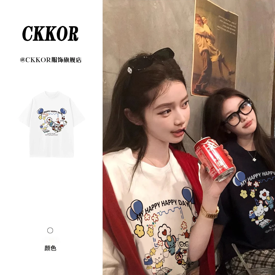 CKKOR夏季新款圆领显瘦短袖t恤女小众设计感学院少女风韩版上衣服