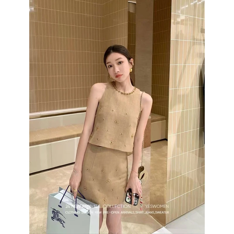 夏季新款2025年韩版重工设计感刺绣背心上衣高腰半身裙套装