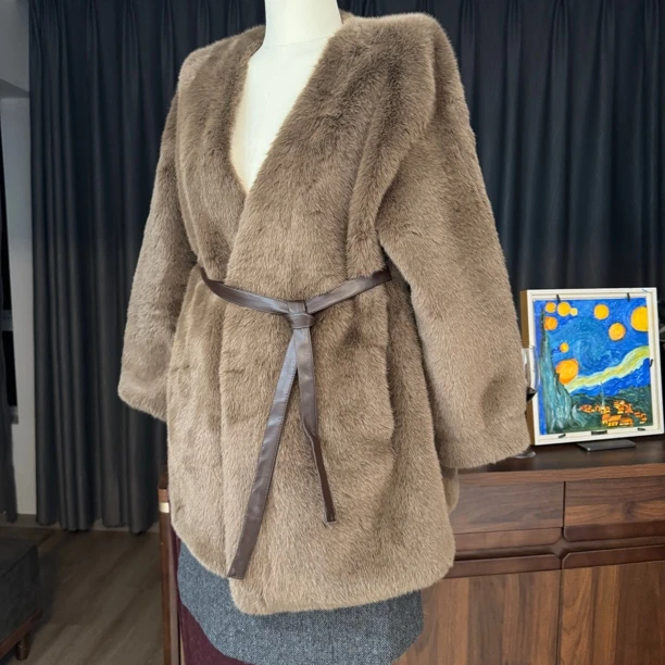 【腰带毛毛】v领高定保暖毛毛韩系外套