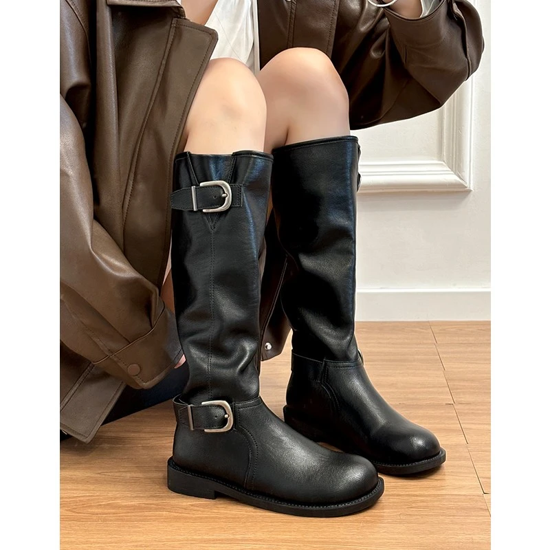 牛皮版~真皮厚底英伦风皮带扣中筒堆堆靴骑行靴女覆古圆头长筒靴