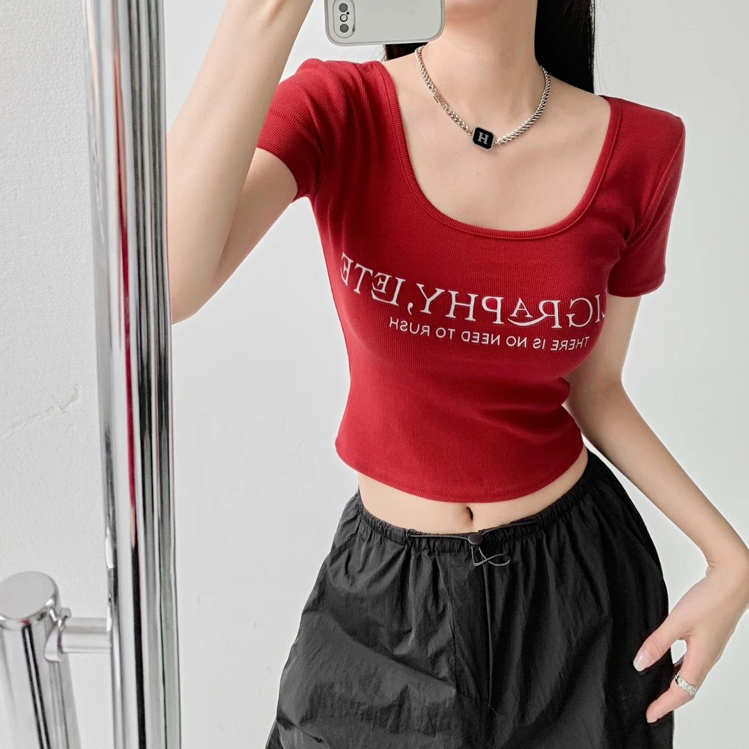 辣妹t恤女短袖短款u型领修身显瘦上衣百搭性感紧身夏季露脐