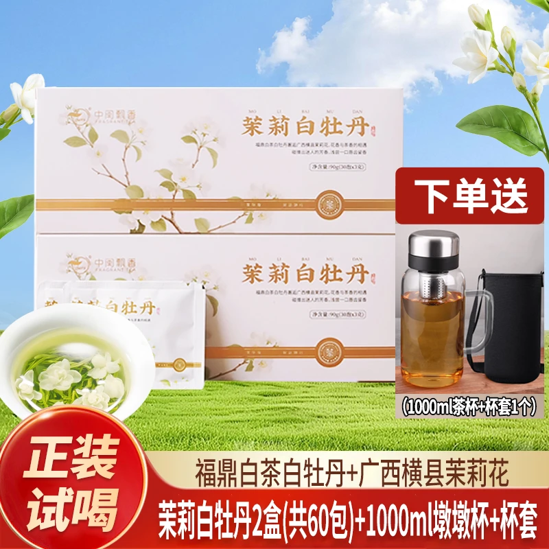 【60包茉莉白牡丹+送1000ml墩墩杯】茉莉花茶白牡丹横县茉莉花
