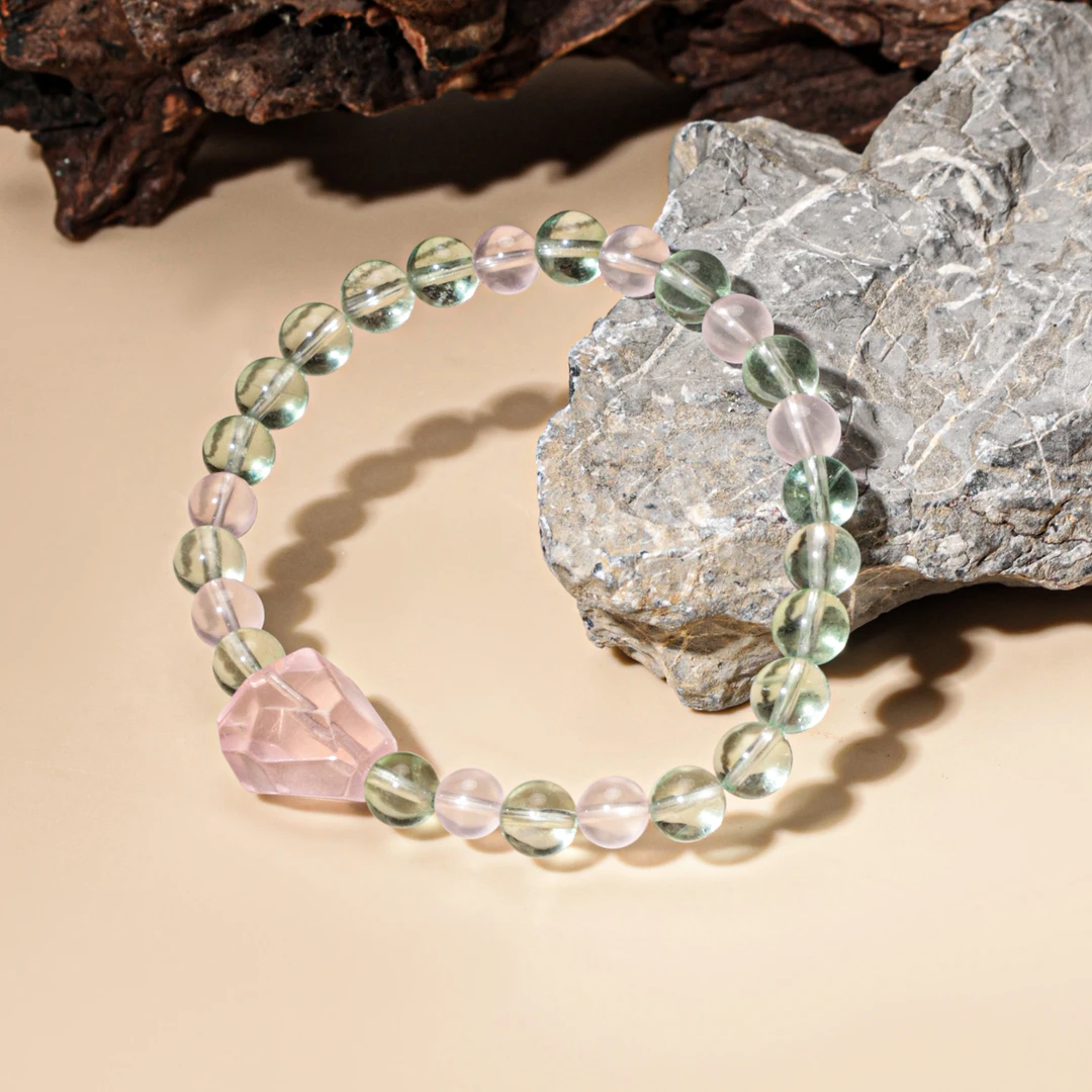 天然粉水晶 莹石设计款水晶手串 一物一图 7mm