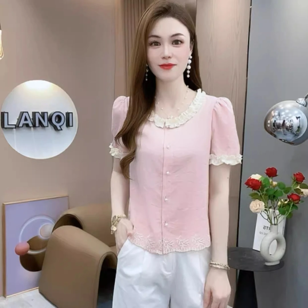 时尚短袖衬衫女2025夏季新款花边领小个子洋气质百搭减龄衬衣小衫