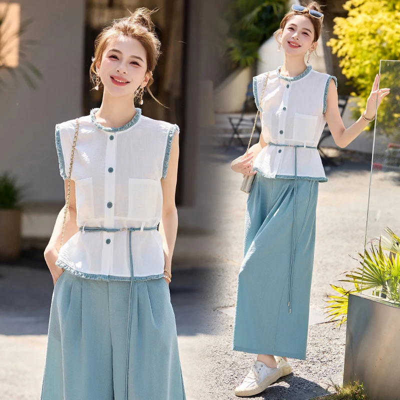 休闲时尚小香风套装女2025夏季新款韩版收腰显瘦无袖阔腿裤两件套