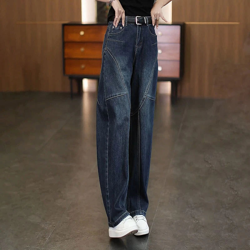 正品复古工装高腰弯刀牛仔裤新款阔腿裤休闲风宽松显瘦百搭裤子