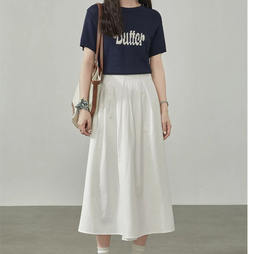 高腰褶皱半身裙女夏季新款白色简约百搭显瘦小众A字裙23213