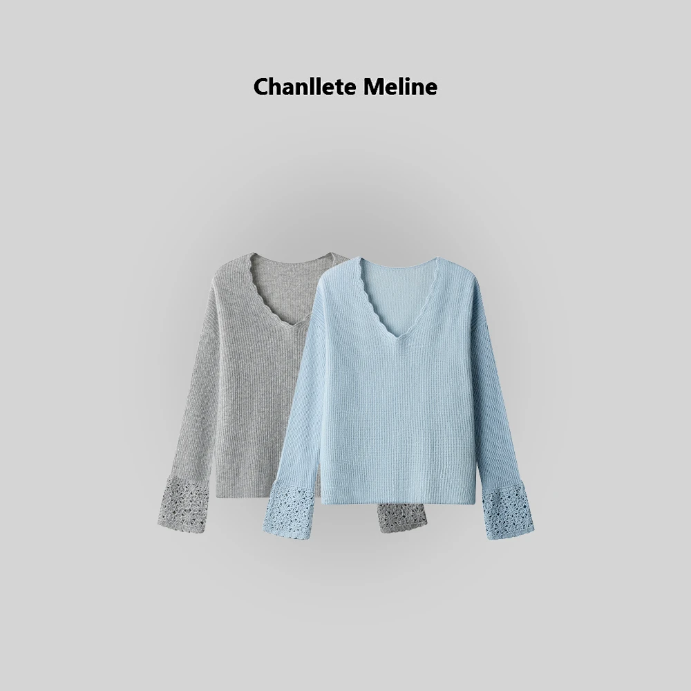 【Chanllete Meline】100%绵羊毛重工袖口钩花镂空针织毛衣MH61090