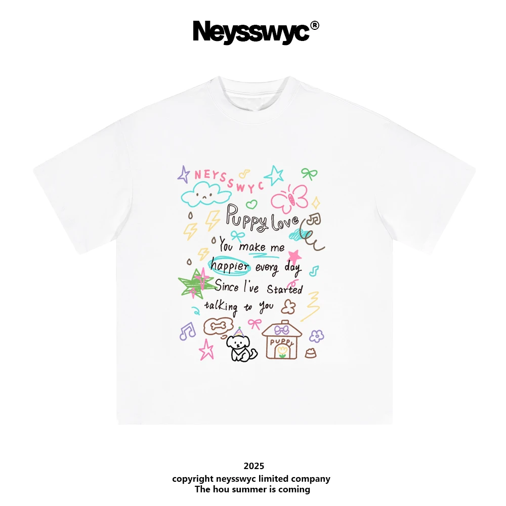 NEYSSWYC 【彩色涂鸦puppy】白短袖T恤休闲夏季百搭圆领潮流宽松
