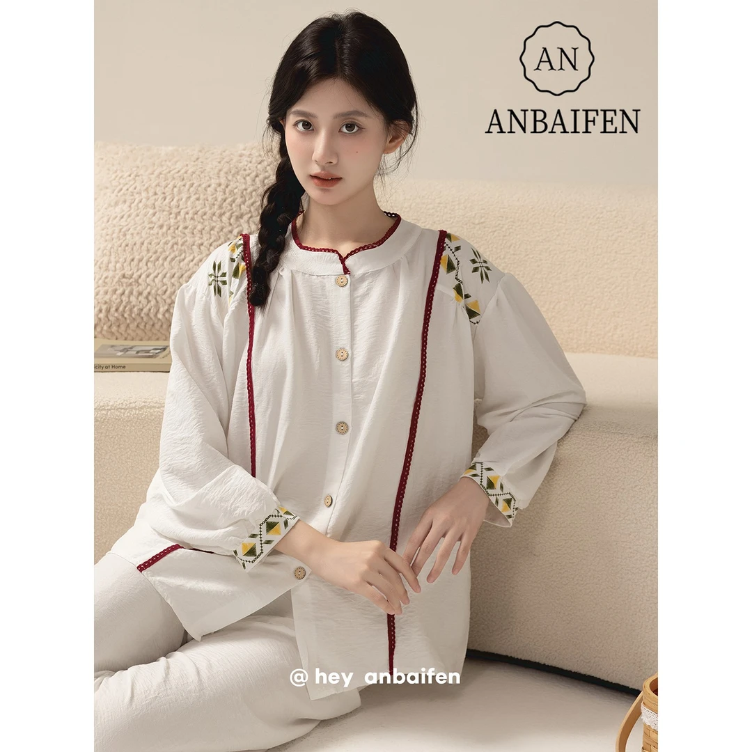 新中式碎花春秋款睡衣女圆领薄款宽松显瘦大码长袖可外穿两件套装