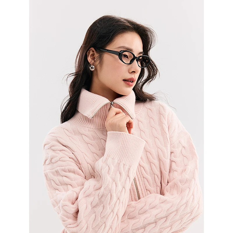 棉仓357605004 -绞花翻领拉链开衫
