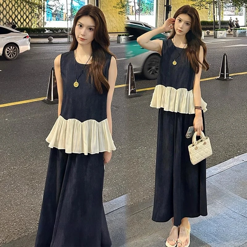 时尚套装裙女2025夏季新款显瘦拼接洋气无袖上衣半身裙气质两件套