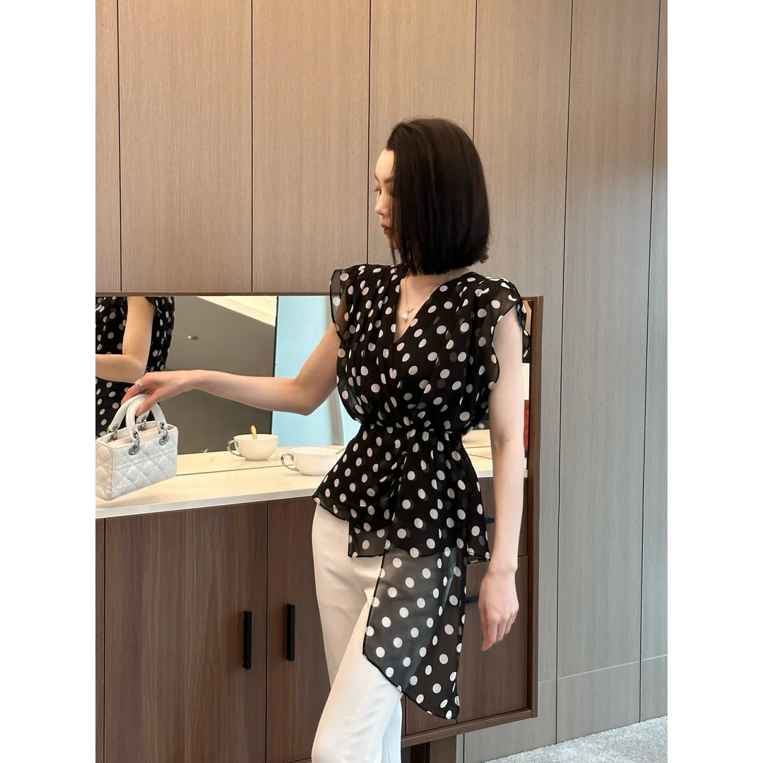 杨禾子【季末清仓专款】波点无袖网纱透气洋气飘带V领上衣-35084