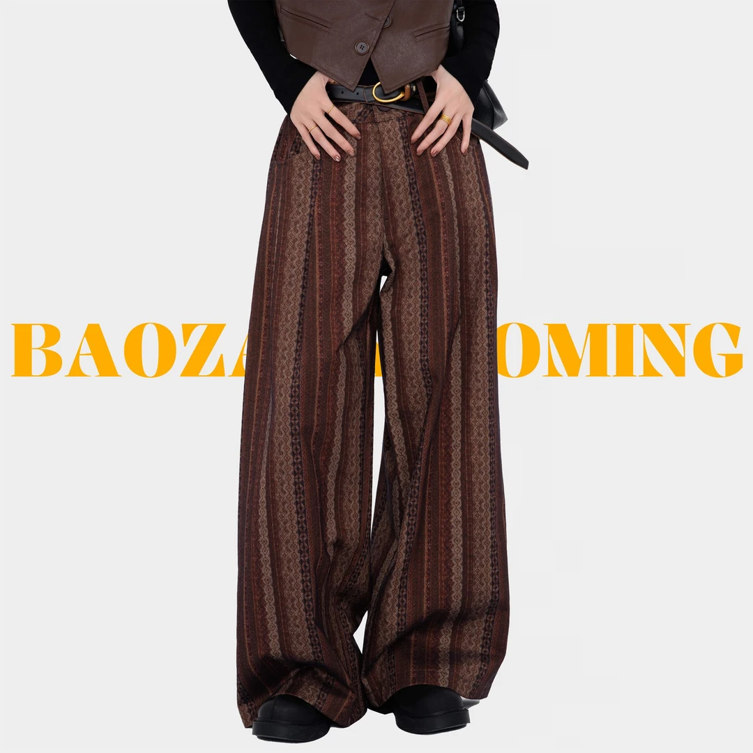 暴躁小明  <往事>复古色织条纹高腰直筒裤秋冬印花百搭阔腿裤