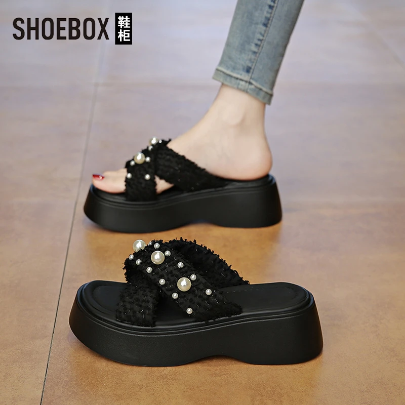 SHOEBOX鞋柜厚底凉拖女外穿海边2025夏季新款珍珠配裙子拖鞋