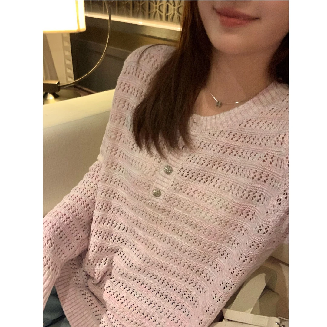 现货大婉酱微胖定制亨利领镂空针织衫女早秋慵懒风毛织上衣8865D
