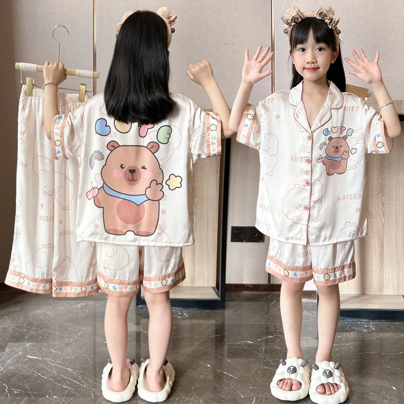 夏季新款儿童睡衣冰丝女童套装12岁中大童女孩洋气亲子母女家居服