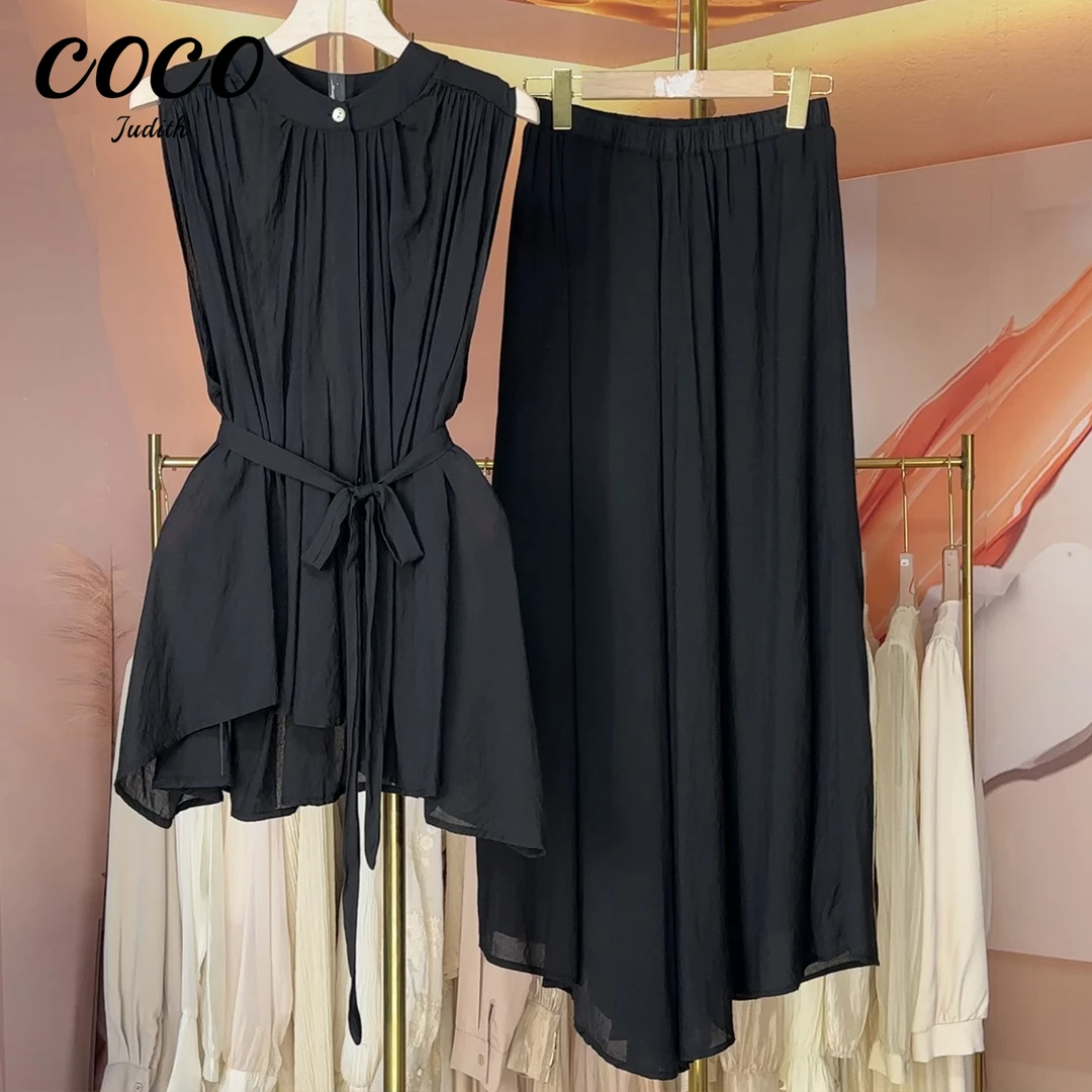 现货【RG426】黑色褶皱半身裙两件套小众气质显瘦收腰上衣套装女