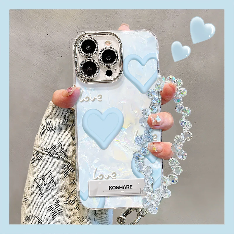蓝色爱心适用苹果15promax华为oppo小米iPhone16精孔贝壳纹手机壳