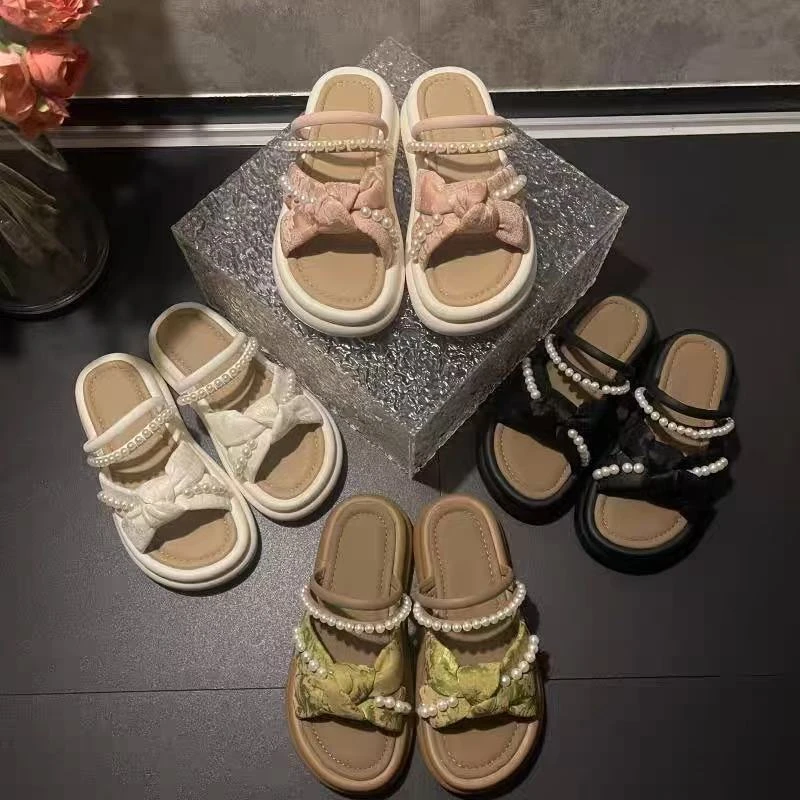 厚底沙滩鞋2025年新款国风蝴蝶结防滑圆头夏季露趾纯色百搭凉拖鞋