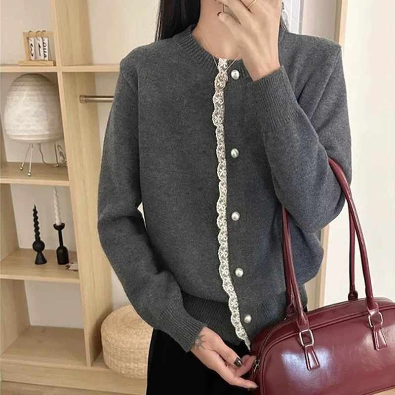 354#【蕾丝门襟开衫--高级灰】秋冬加厚新款针织上衣开衫女洋气百搭