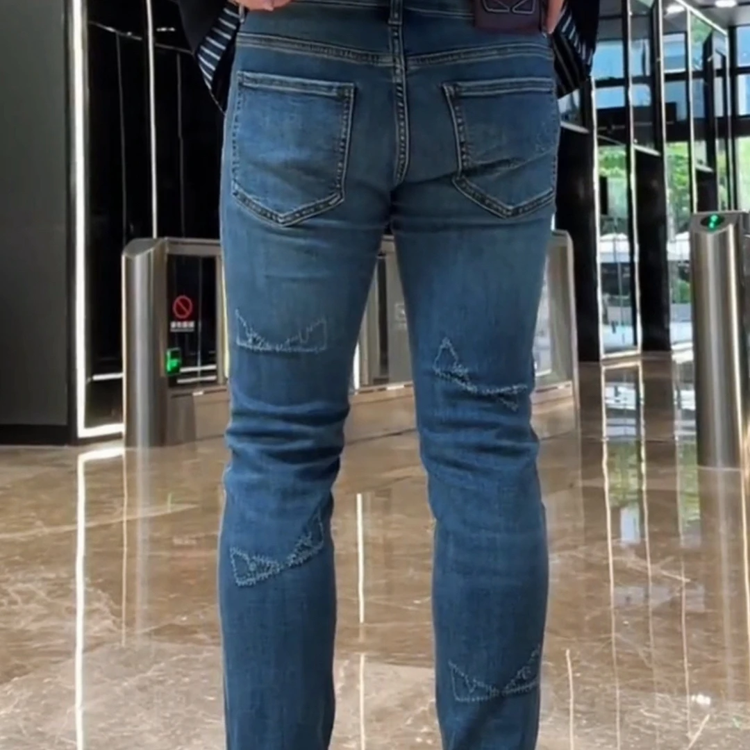 男士牛仔裤时尚秋冬款水洗工艺蓝灰修身显腿长复古做旧中腰小脚裤