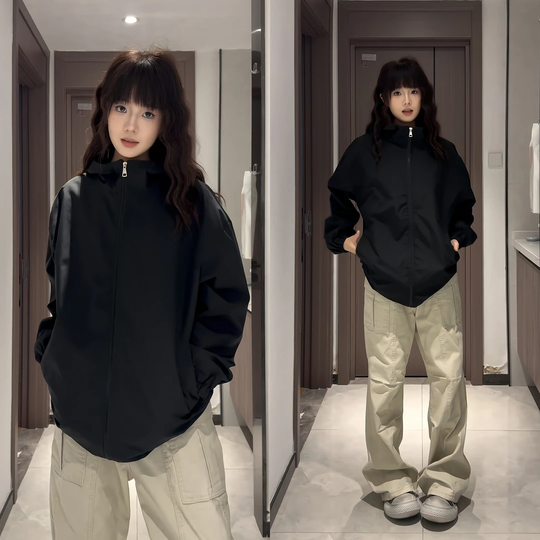 纯黑色美式连帽冲锋衣男秋季户外防水登山服情侣高街百搭夹克外套