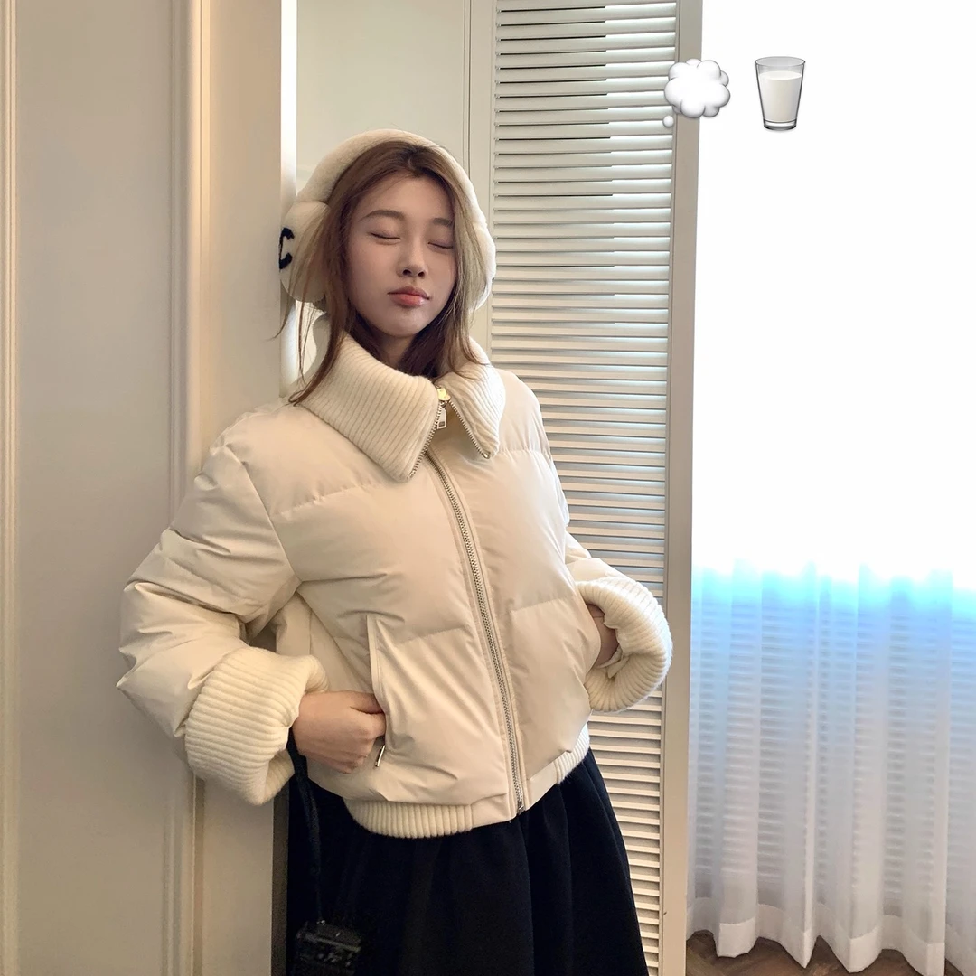 针织拼接翻立领短款羽绒服女冬季2025年新款韩系小个子面包服外套