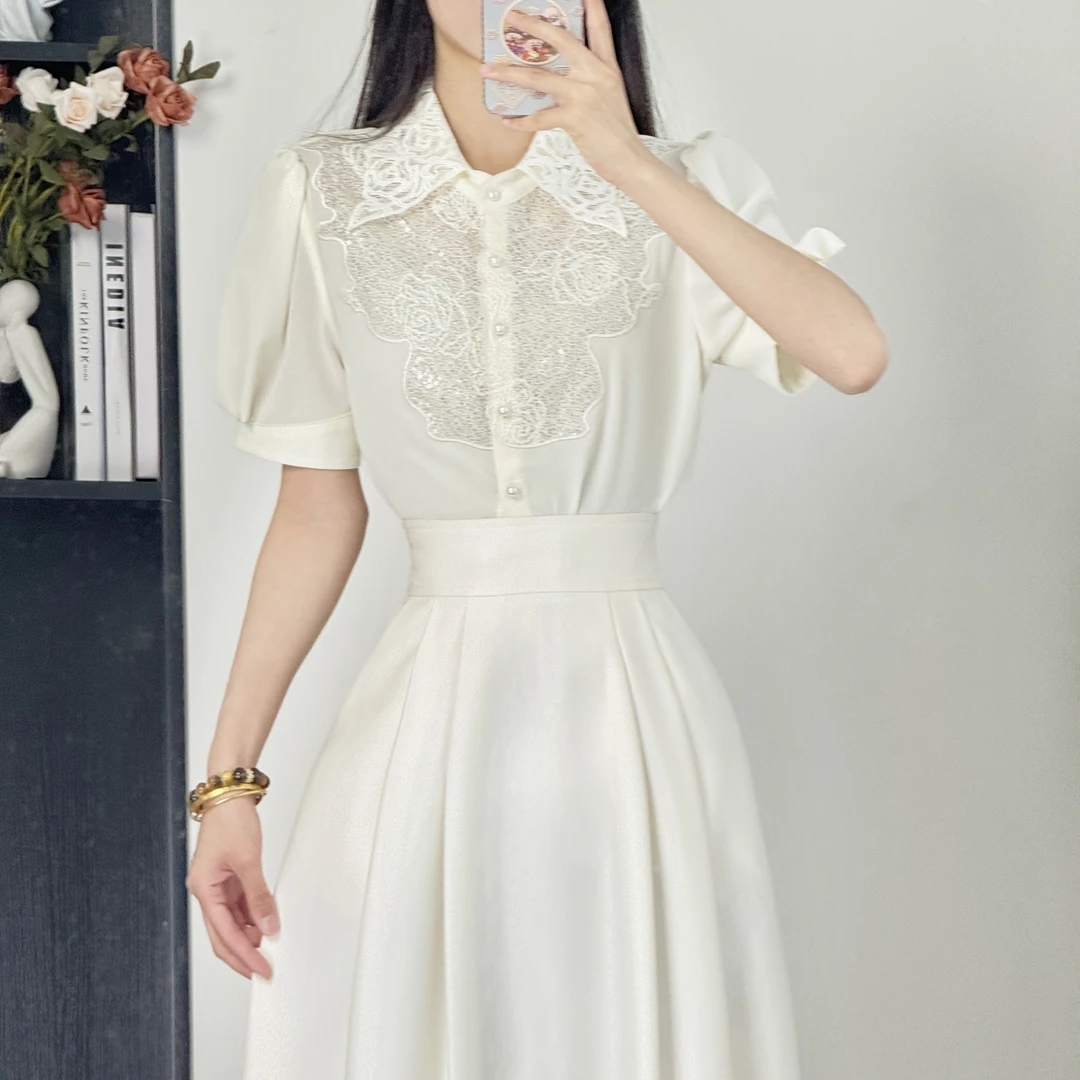 拉夏贝尔/25夏新法式轻奢气质蕾丝拼接短袖衬衫+半身裙 10397 LSC