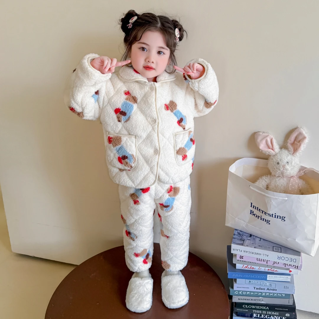 儿童睡衣女童三层加厚夹棉款法兰绒秋冬季女宝宝可爱加厚家居服