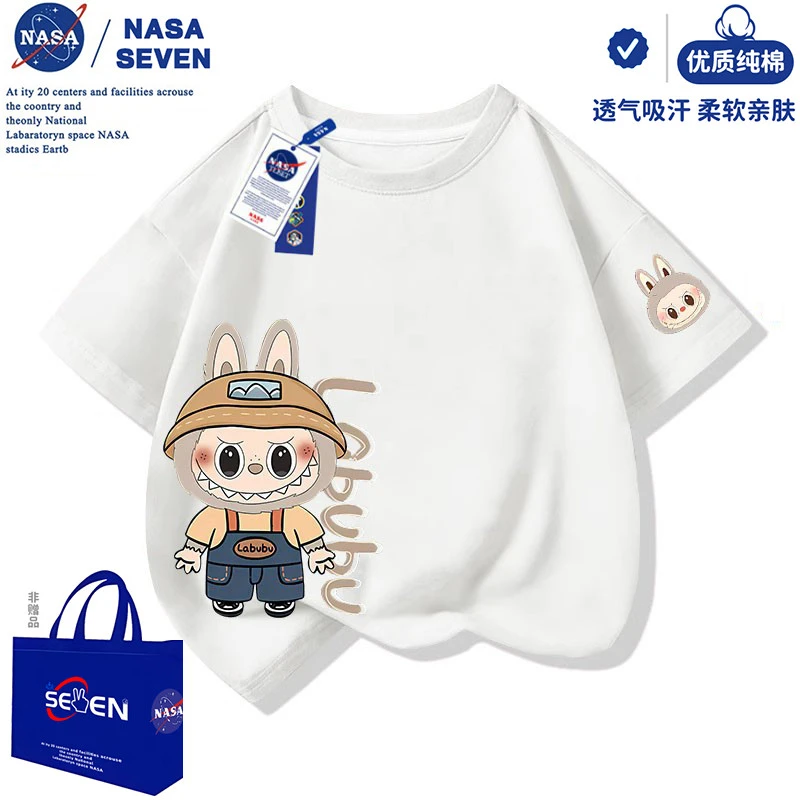 NASA联名新款卡通拉布布Labubu男女童装纯棉儿童短袖夏季百搭T恤