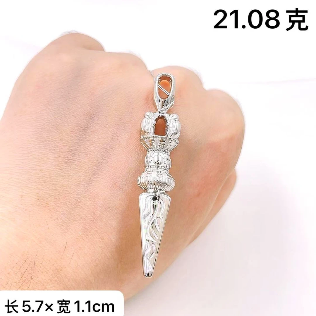 铂金950吊坠-七彩拉丝金刚杵降魔杵长款镂空手工吊坠
