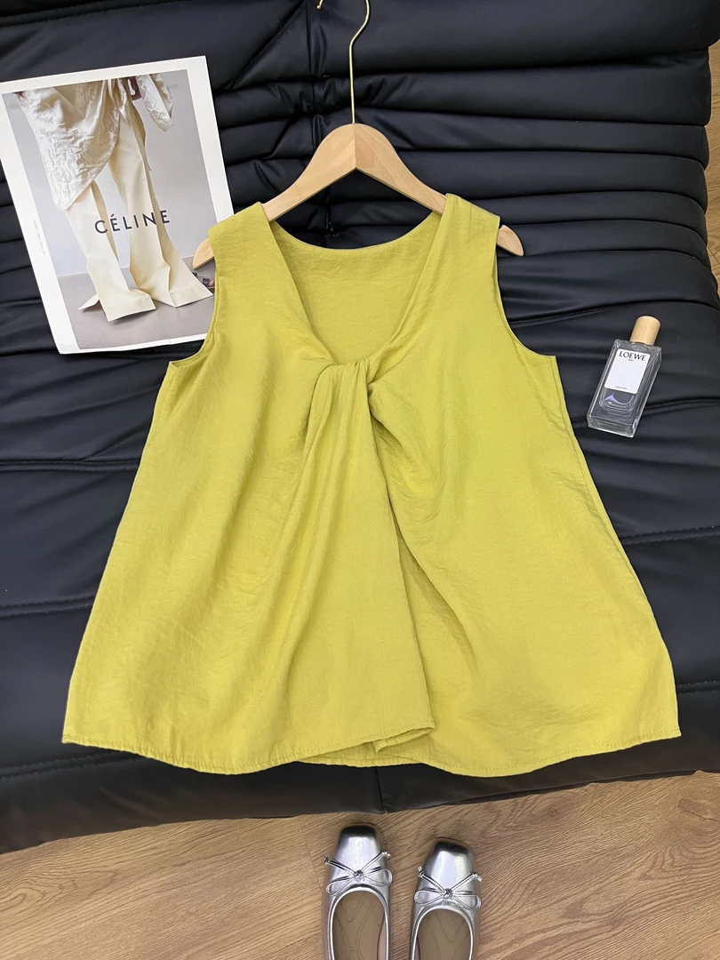 2025夏季纯色甜美v领设计感纽结无袖上衣宽松背心衬衫女显瘦