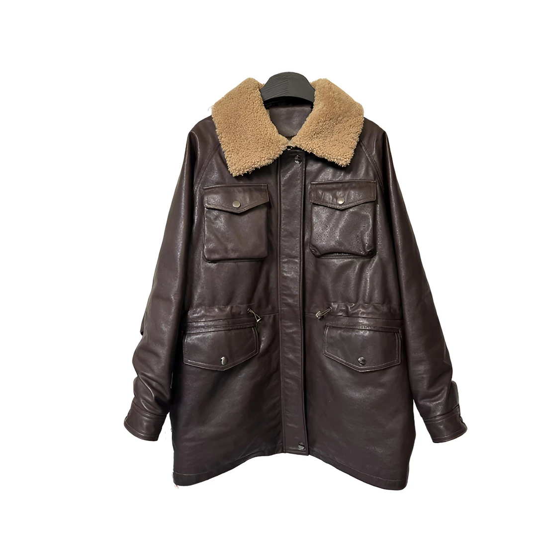 【JY】海宁绵羊皮女外套百搭长款外套皮毛一体毛领