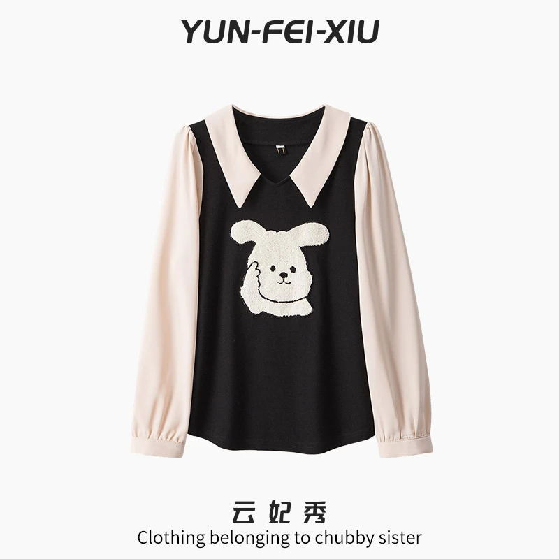 云妃秀大码女装T恤时尚宽松显瘦减龄假两件上衣百搭胖妹妹秋63560